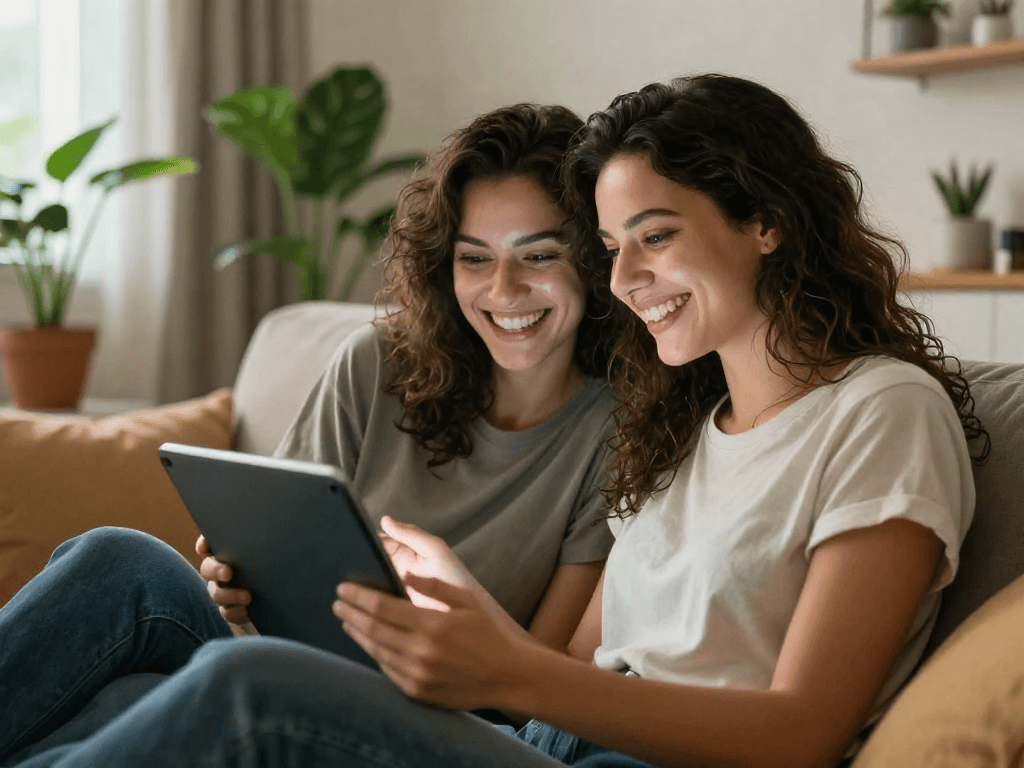 Couple exploring sex ai technology in a cozy living room, engaging with a chatbot.