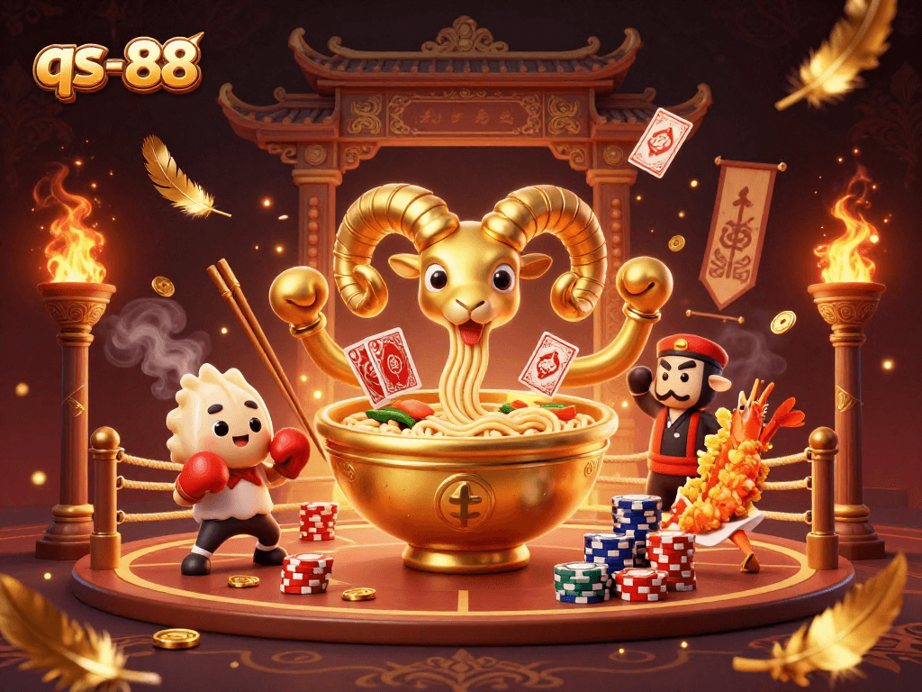 Engage in thrilling casino action with qs-88's vibrant characters like the golden ramen bowl and sushi roll dealer.