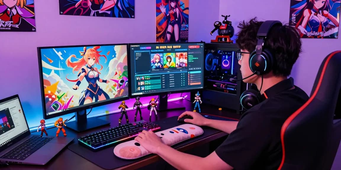 Engaged gamer enjoying hentai games with anime graphics in a vibrant gaming setup.
