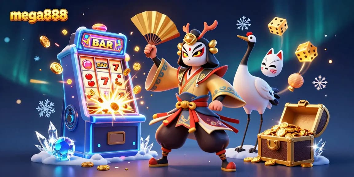 Spin Mega888's vibrant slots with animated kabuki warriors and jackpots bursting with coins!