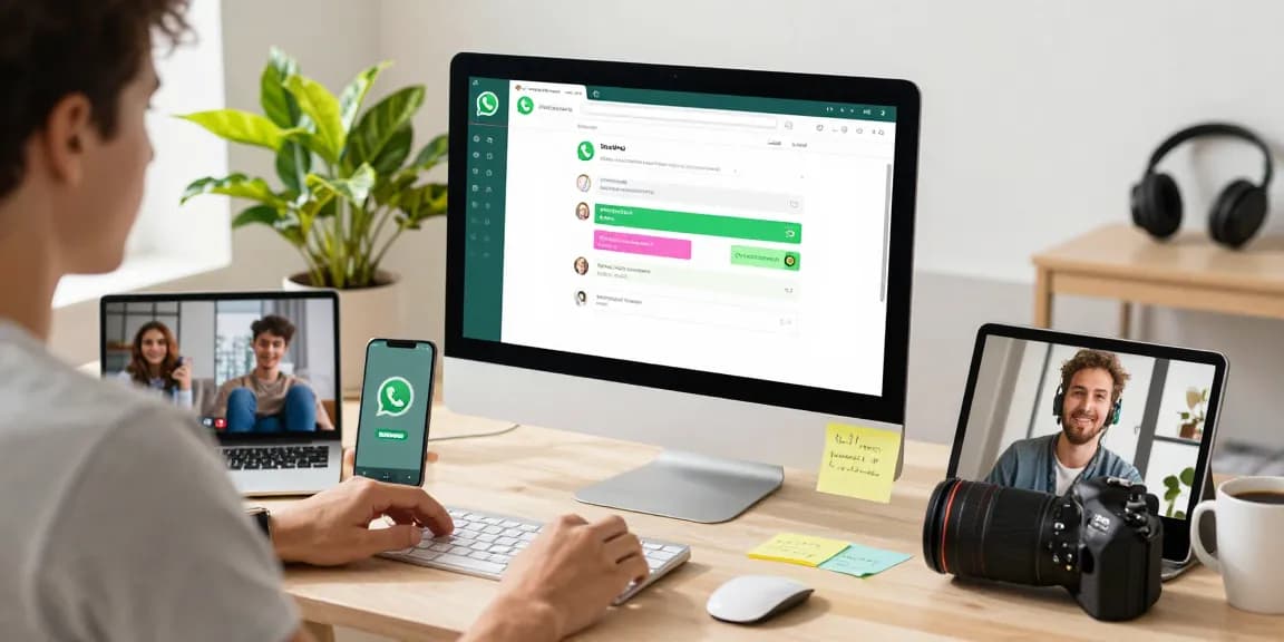 User engaging with WhatsApp網頁版 on desktop, lively workspace with colorful chat interface.