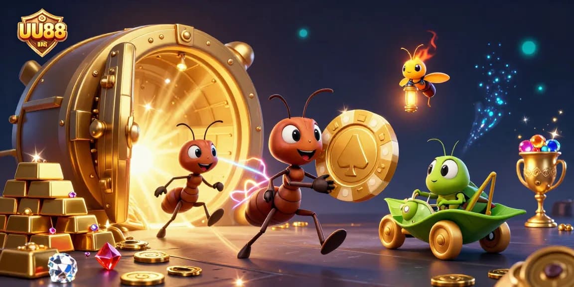 Ants heist a golden poker chip in a vibrant UU88 casino scene with jewels and lights.