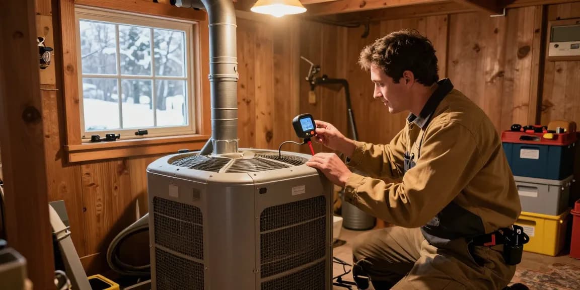 HVAC Stevens Point WI technician servicing a furnace in a cozy basement during winter, ensuring warmth for homeowners.