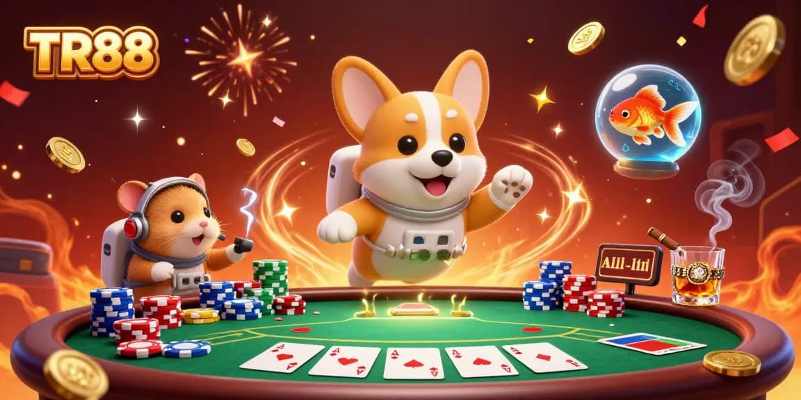 TR88 casino excitement with a floating corgi astronaut amidst colorful poker chips and golden coins.