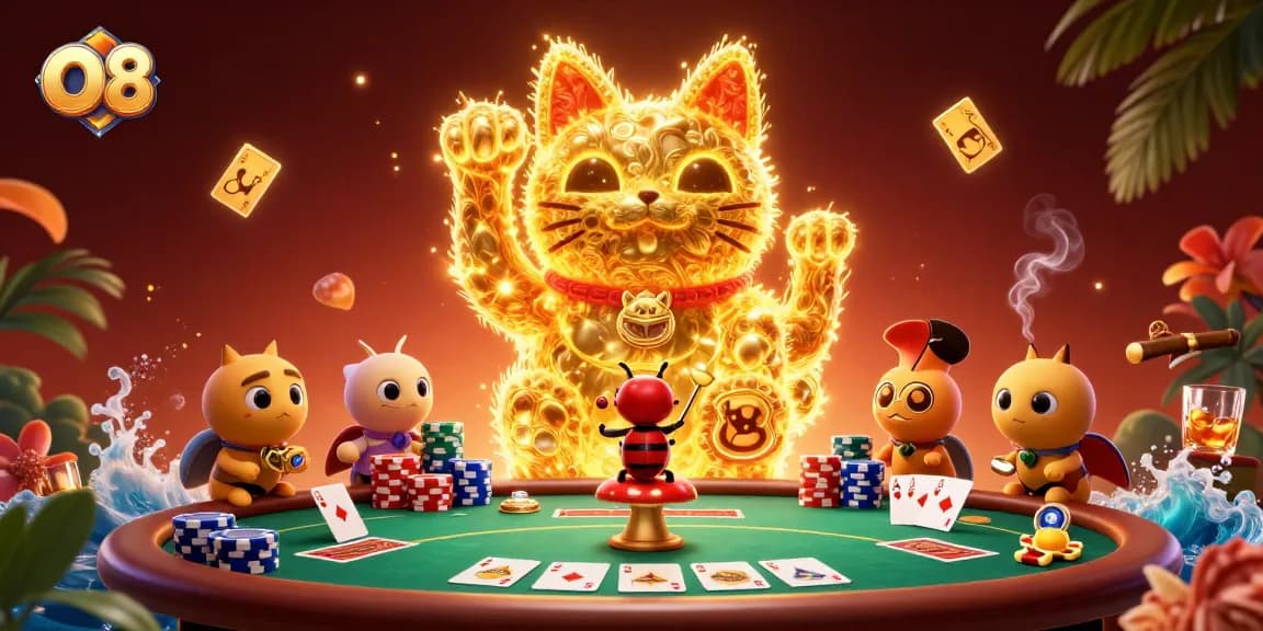 Experience O8's thrilling promotions at a vibrant online casino illustrated scene.