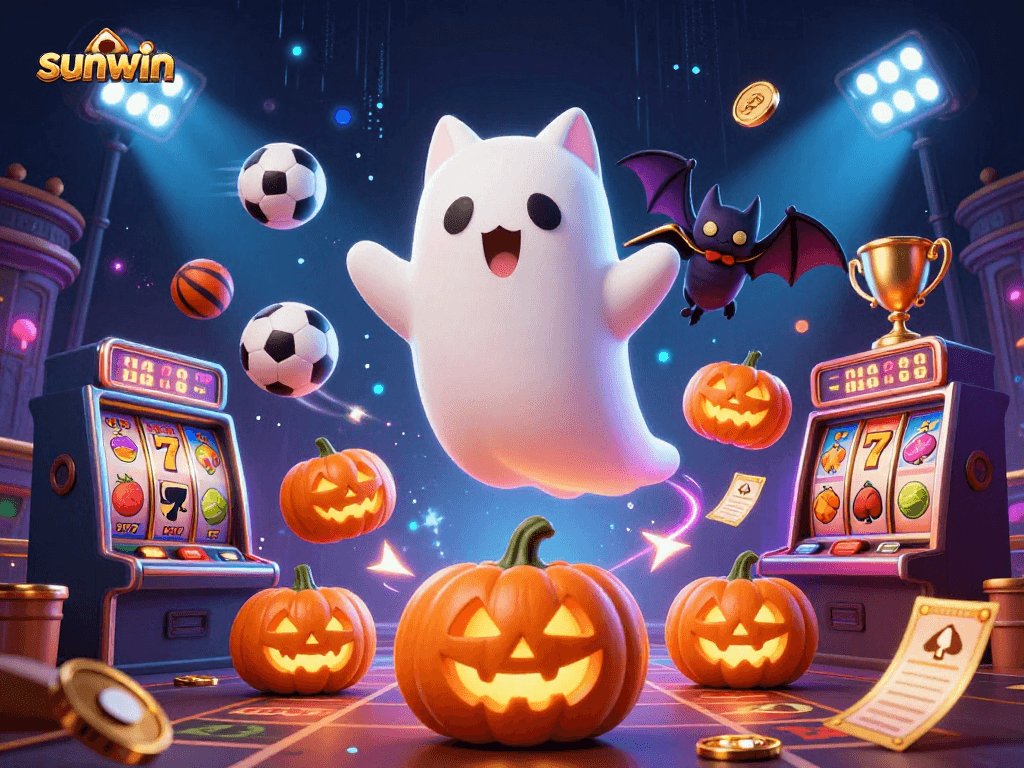 Join the fun at sunwin with a ghost cat and vampire bat in a haunted casino!