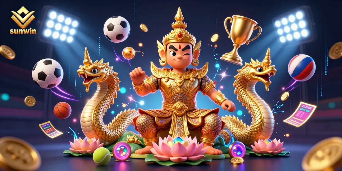 Experience sunwin with vibrant game elements and energetic characters in a detailed casino illustration.