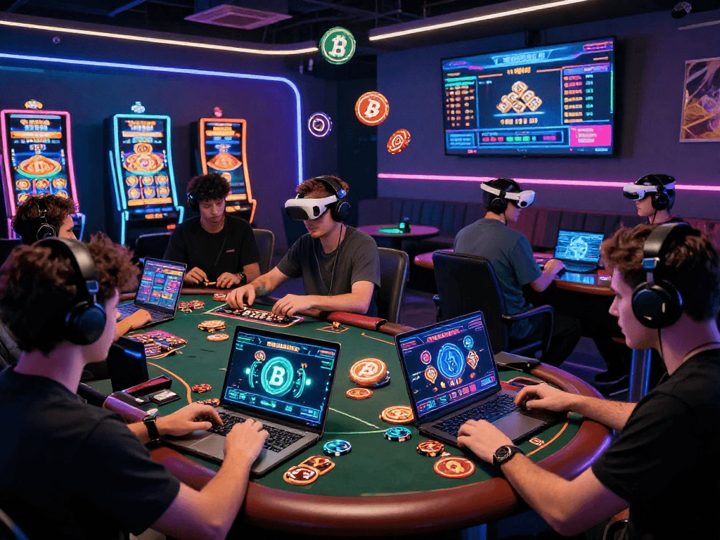 Exciting crypto casino gaming scene with players at virtual tables and glowing cryptocurrency wallets.