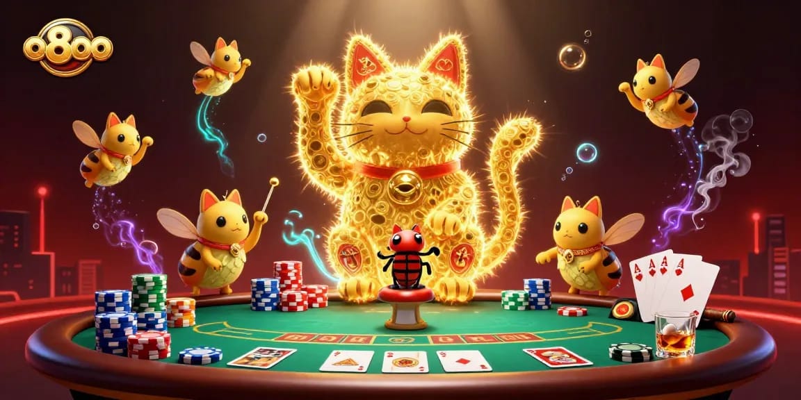 Engage in thrilling games on o8oo with vibrant casino elements and a dynamic golden lucky cat.