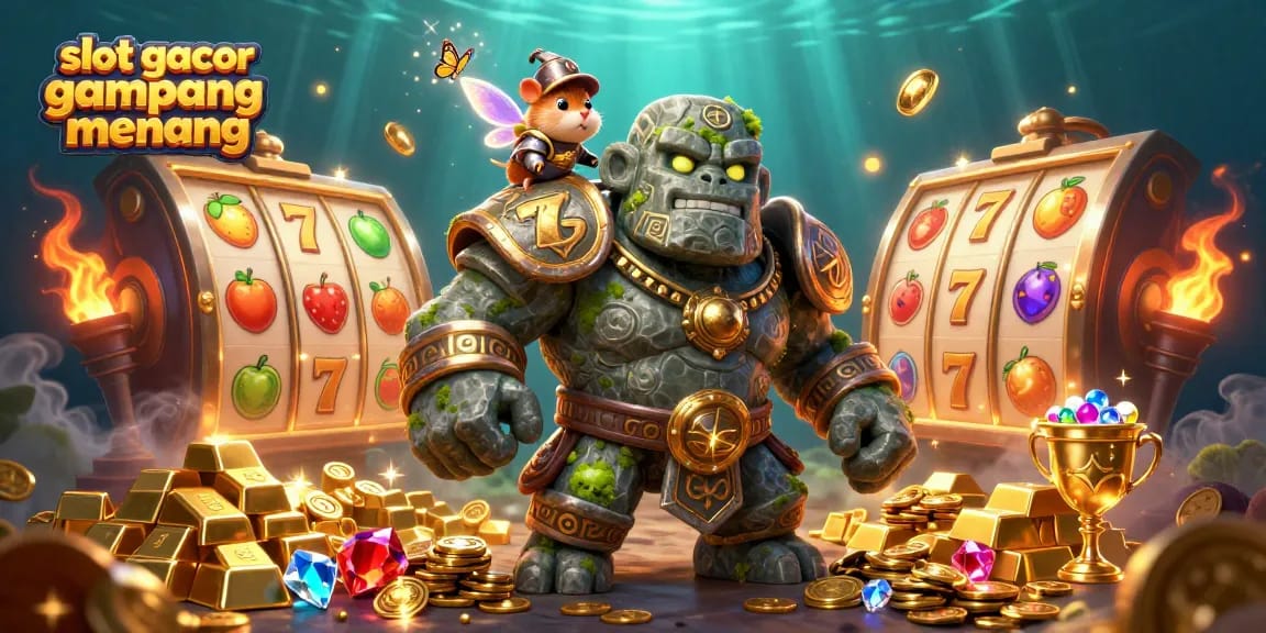 Engage with the slot gacor gampang menang theme illustrated through vibrant characters and golden slot elements.