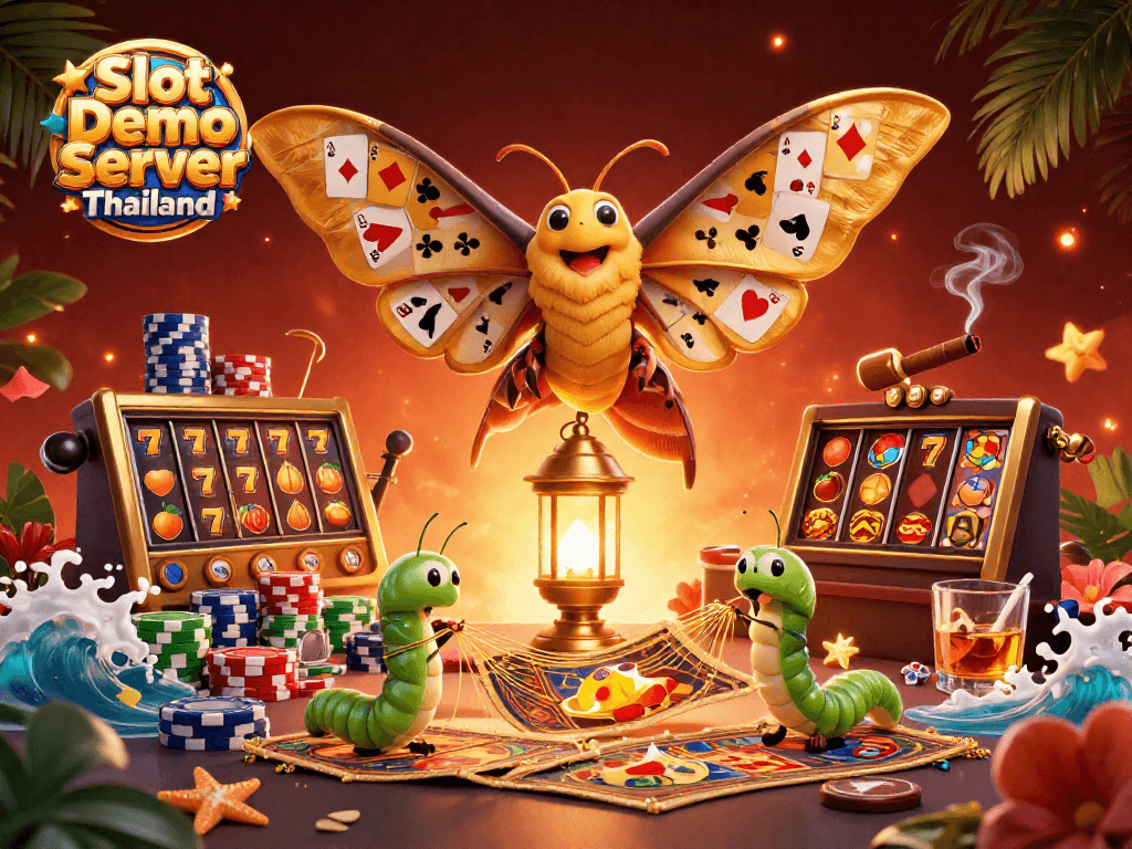 Slot Demo Server Thailand showcases a vibrant scene with an atlas moth and dynamic casino elements.