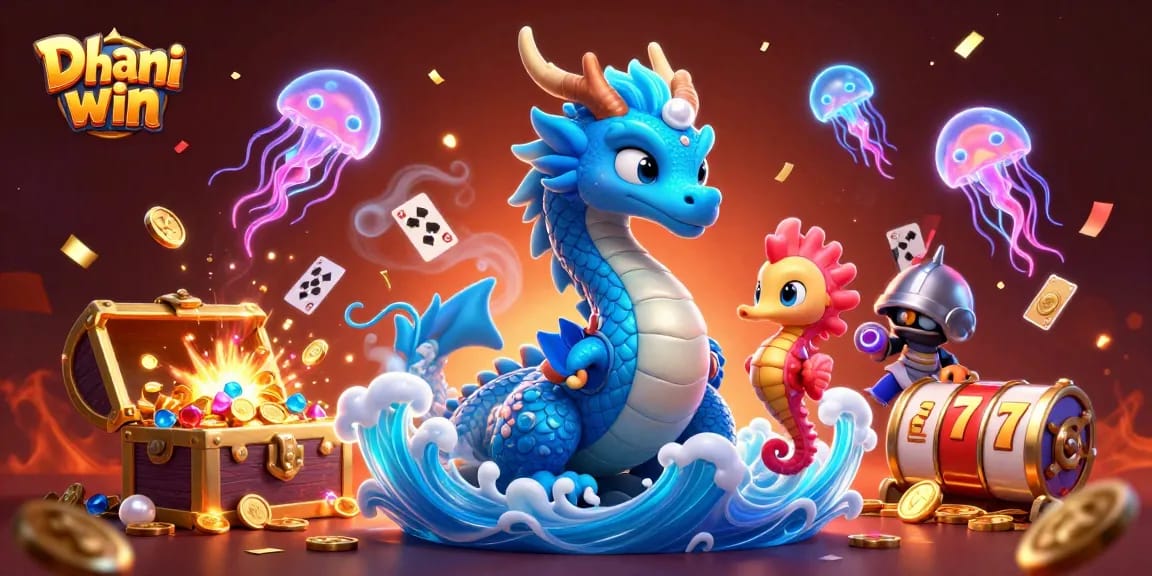 Dhani win showcases excitement with a vibrant, colorful illustration of a dragon, seahorse knight, and glowing jellyfish in a casino setting.