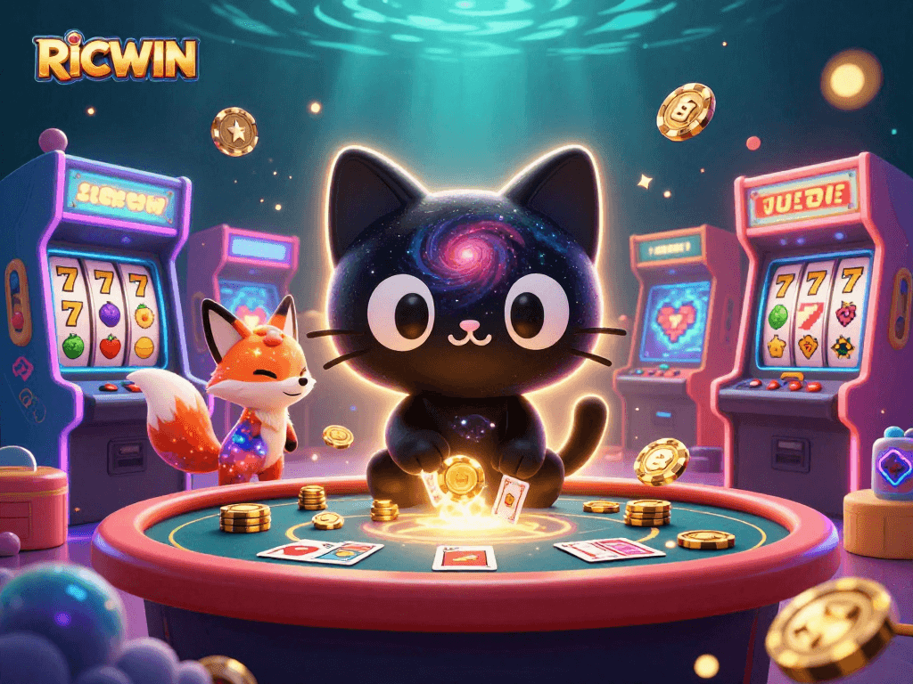 Win big at RICWIN with a cartoon cosmic casino scene featuring vibrant game elements.