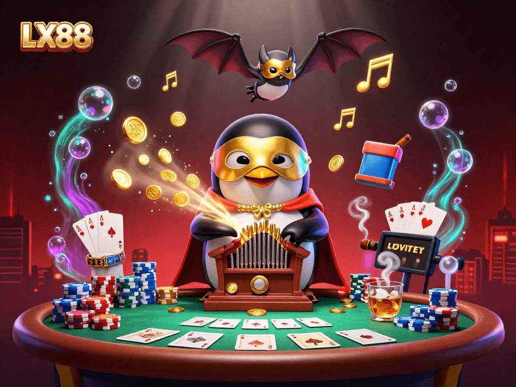 LX88 penguin character plays organ while coins and poker chips fly in vibrant casino scene.
