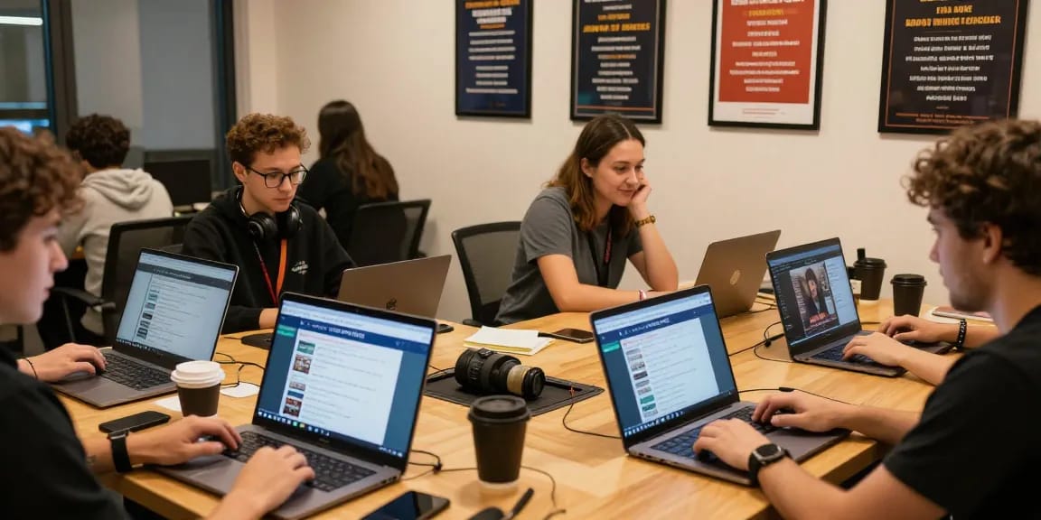 Engaged individuals discussing 토토사이트 검증 먹튀스팟 in a modern coworking space.