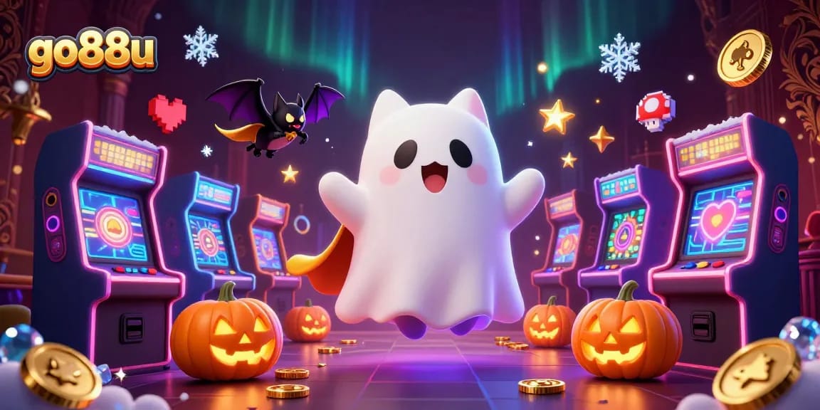 Win big at go88u with ghost cat and bat companions in a lively haunted casino scene.