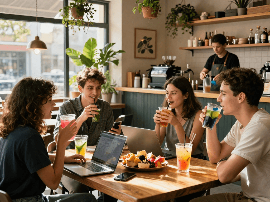 Dynamic spicy chat among friends in a trendy cafe, lively atmosphere, warm sunlight.