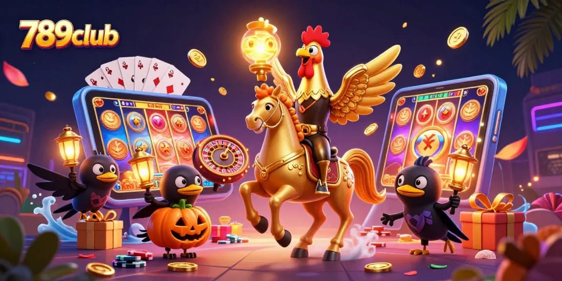 Experience thrilling casino action with 789club's golden rooster and friends lighting up the scene.