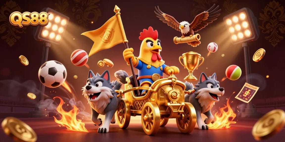 Experience the thrill of QS88 with a dynamic 3D scene featuring casino elements and vibrant characters.