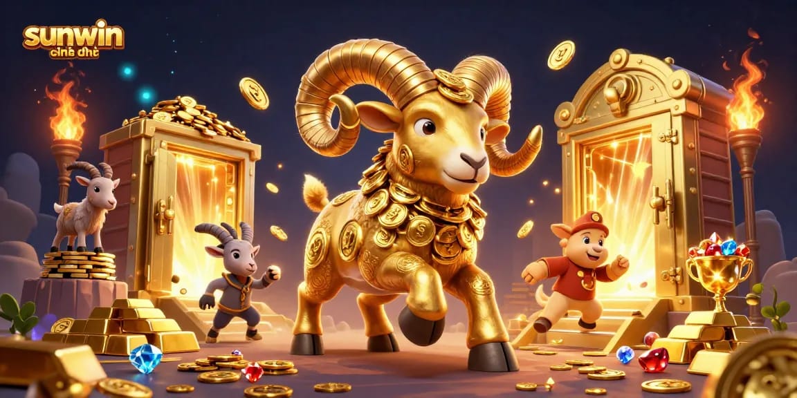 Engage with sunwin chính thức in a vibrant 3D casino scene filled with golden treasures and energetic characters.