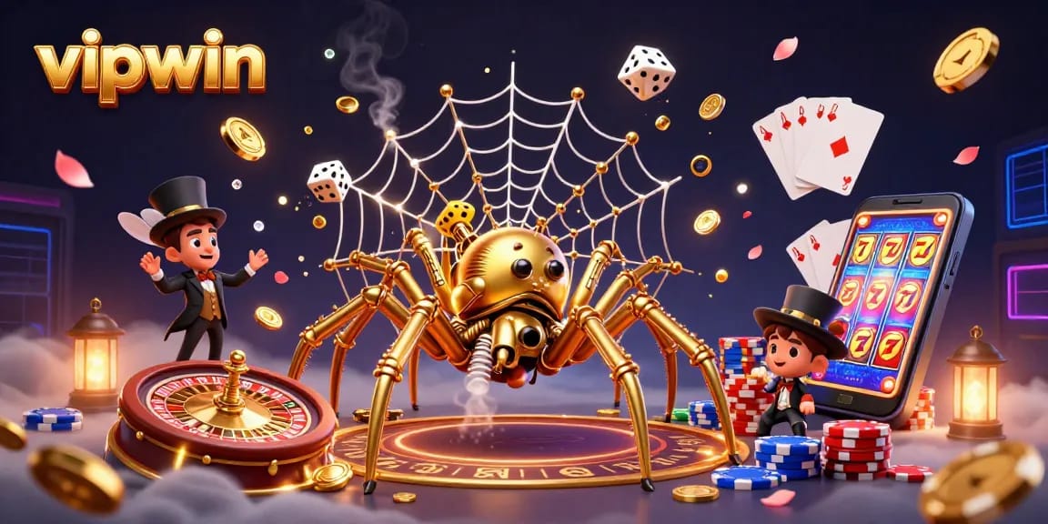 Engage with vipwin's steampunk themed casino scene featuring golden spider and spinning roulette in vibrant glory.