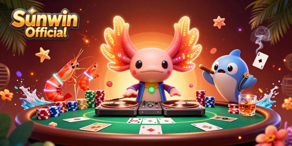 Spin to win with Sunwin Official, featuring a vibrant casino scene of poker and underwater characters.