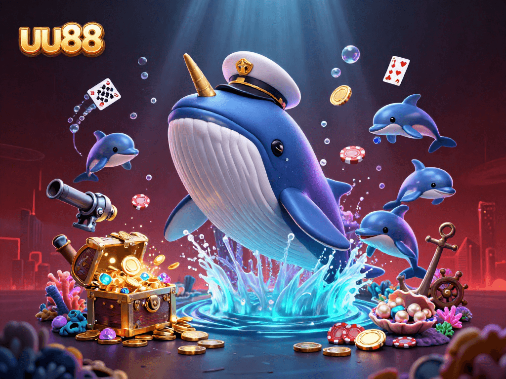 uu88 players experience fun with a joyful whale surrounded by casino treasures