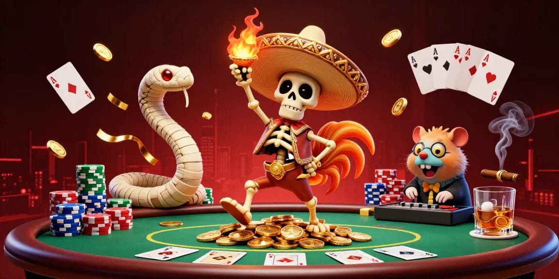 Celebrate winning moments at crazyvegas with a mariachi rooster and vibrant poker scene.