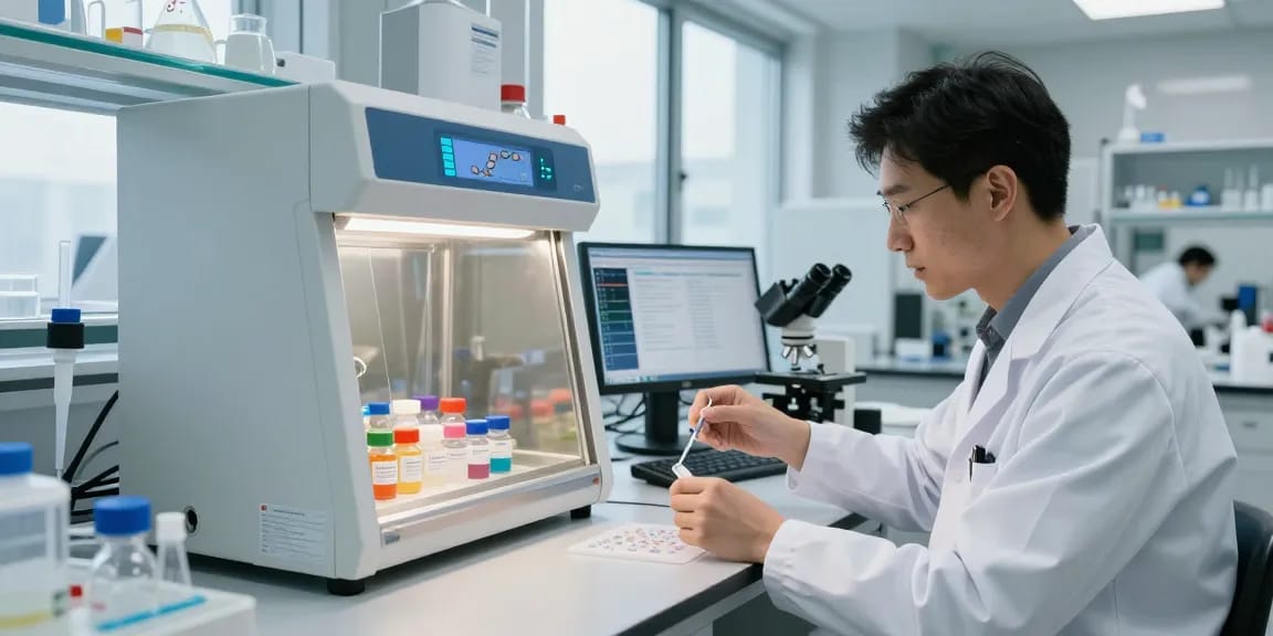 Research peptide marketplace laboratory scene with a scientist analyzing samples and advanced equipment
