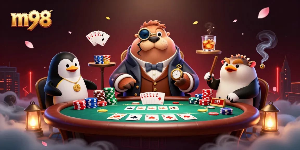 Experience lively poker action with m98, featuring a walrus, penguin dealer, and bluffing pufferfish.