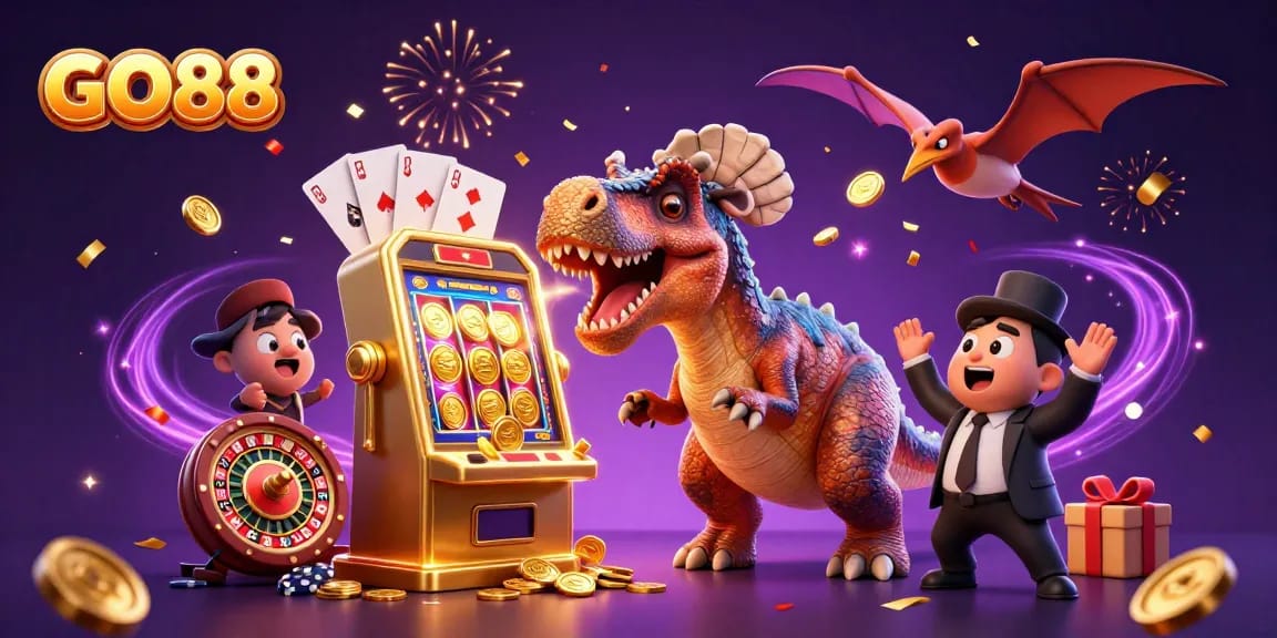 GO88 casino excitement as a pachycephalosaurus wins jackpot coins headbutting a slot machine