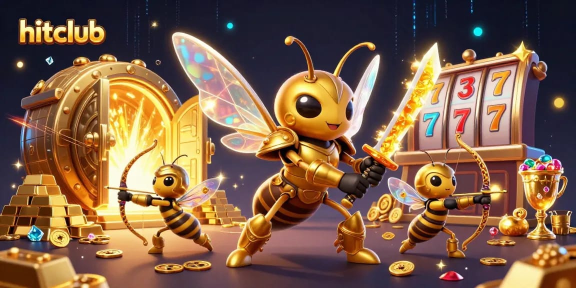 Engage with hitclub's casino action featuring a golden hornet in samurai armor among jackpot treasures and slot elements.