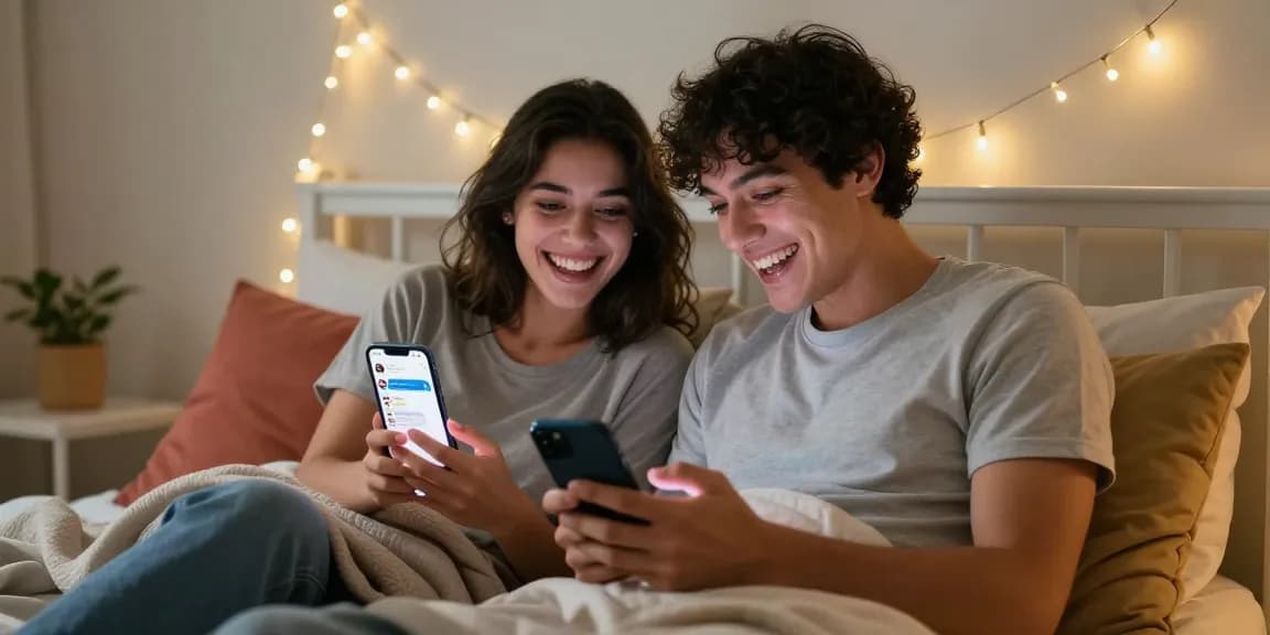 Engaged couple enjoying ai nsfw chat on smartphones in a cozy bedroom atmosphere.