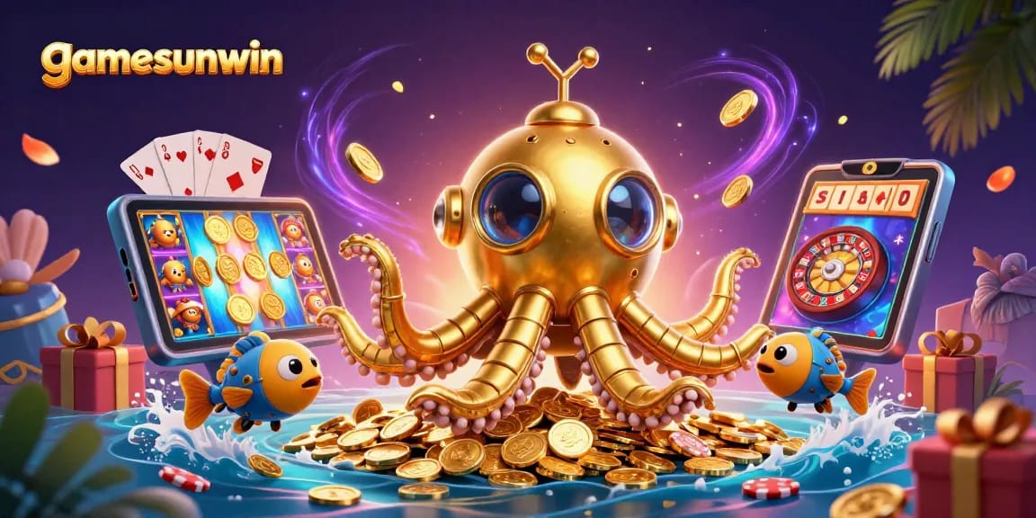 Engage in thrilling gameplay with gamesunwin's colorful casino adventure scene featuring a golden kraken and dynamic game elements.