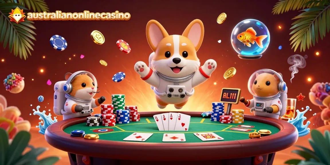 Play at australianonlinecasino with an astronaut corgi at a floating space casino.