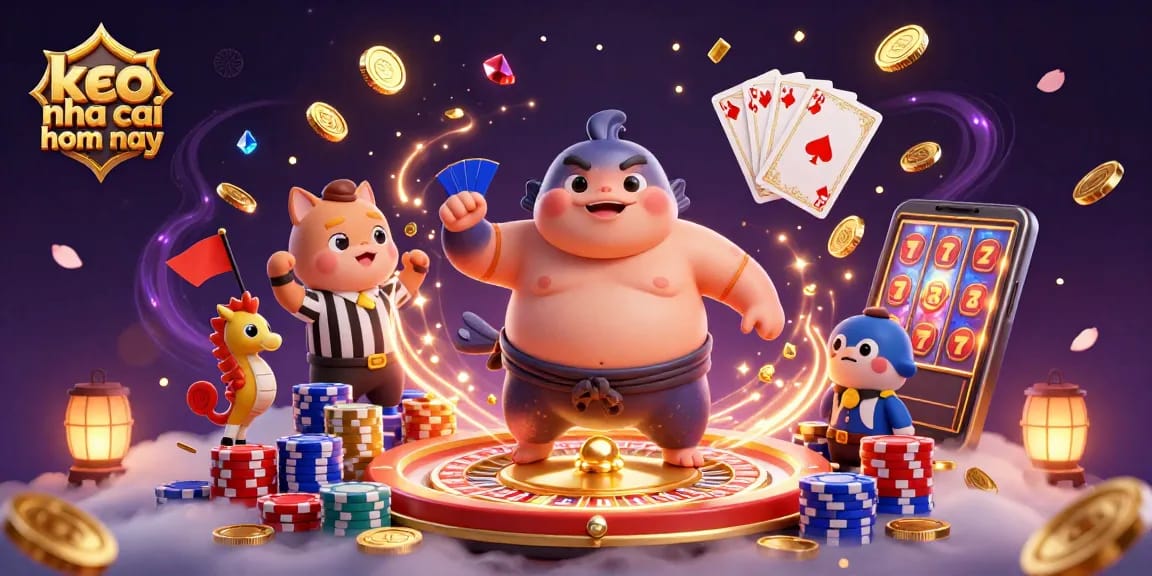 Engage with keo nha cai hom nay featuring a pufferfish, catfish referee, and vibrant casino elements.