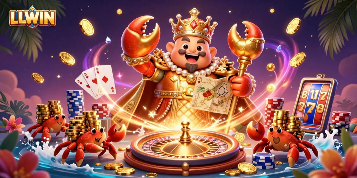 Experience thrilling gaming adventures at LLWIN with a golden crab emperor amidst cascading treasures.