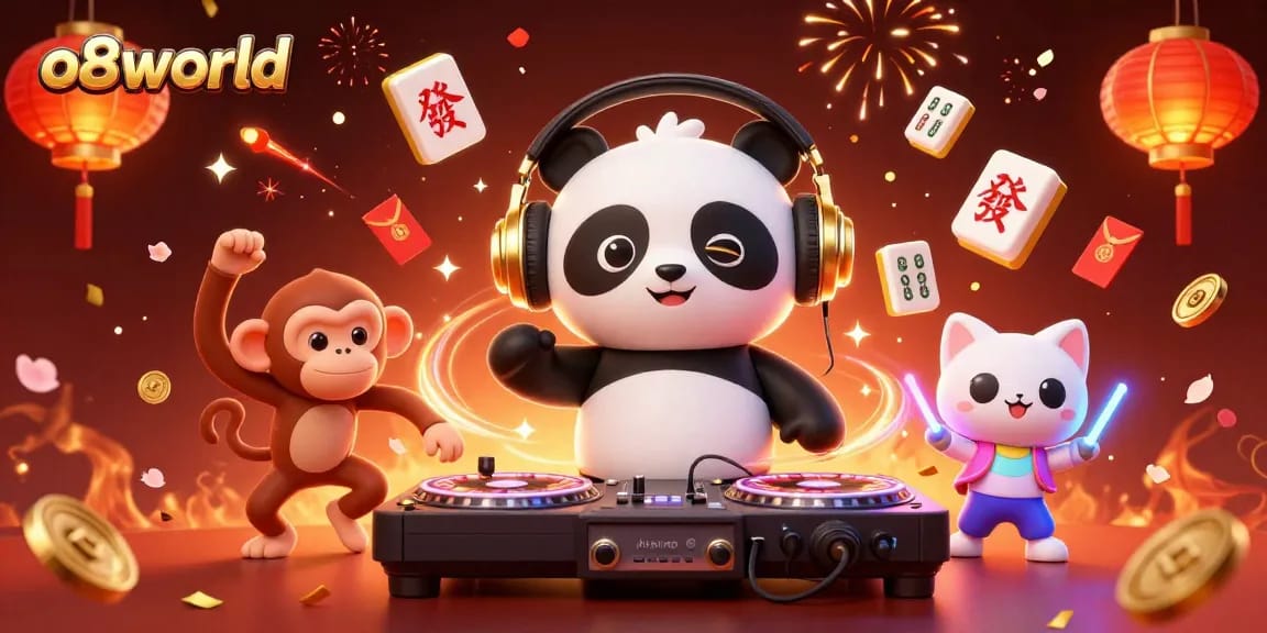 Experience the excitement of o8world with dynamic casino-themed 3D illustration featuring vibrant characters and games.
