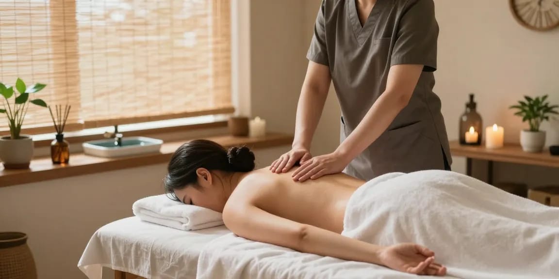 Serene 성남출장마사지 therapy session with calming lights and decor.