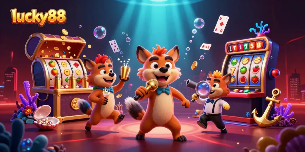 Experience lucky88's vibrant casino atmosphere with engaging hyenas and dynamic gaming elements.