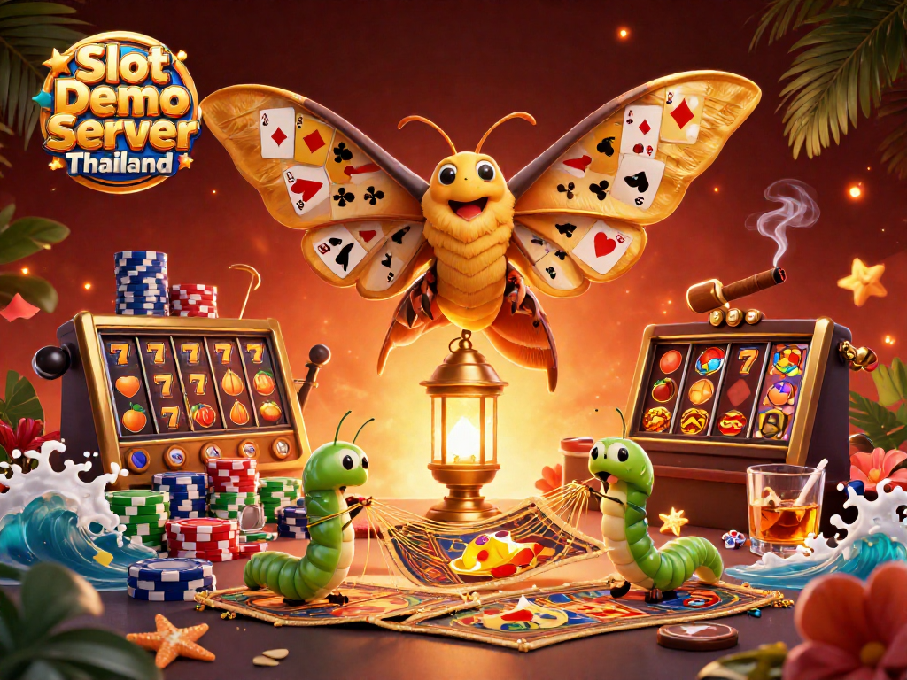 Slot Demo Server Thailand showcases a vibrant scene with an atlas moth and dynamic casino elements.