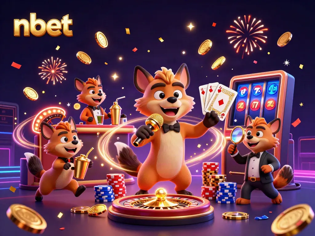 Hyenas entertain at a comedy casino club with shimmering coins and vibrant gameplay elements, showcasing nbet.