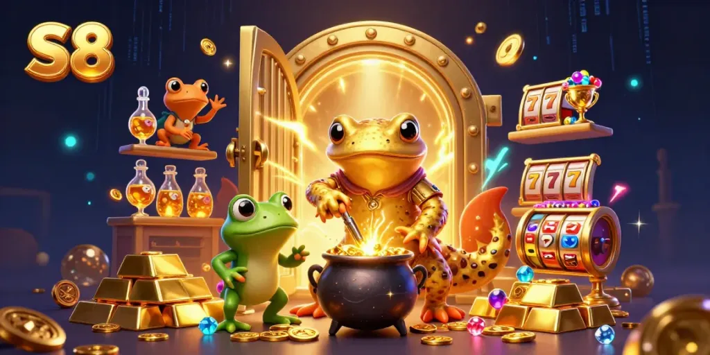 Join the golden alchemist and frog apprentice in a magical laboratory for S8 slots adventure.