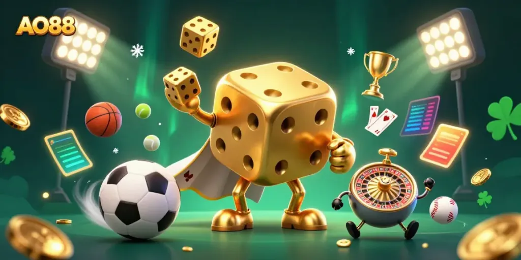 Experience thrilling gaming action at AO88 with dynamic golden dice and vibrant sports elements.