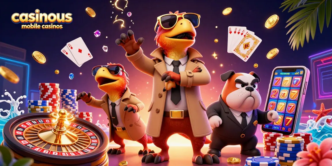 Experience thrilling gaming with casinous mobile casinos, featuring animated raptors in a trench coat entering a VIP lounge.