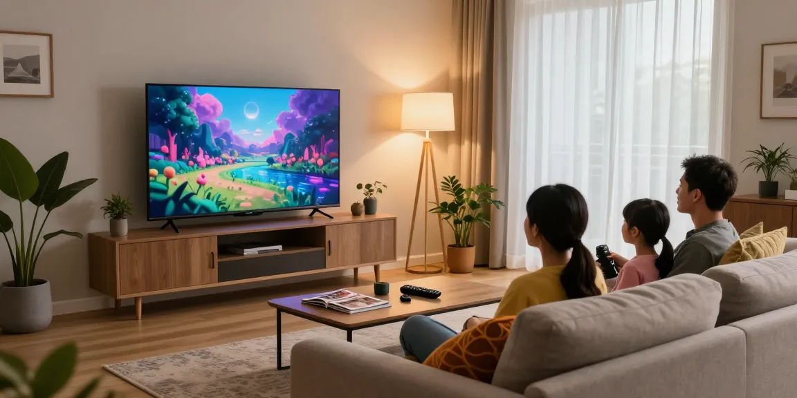 Family enjoying a movie night together in a stylish living room with a mini LED TV.