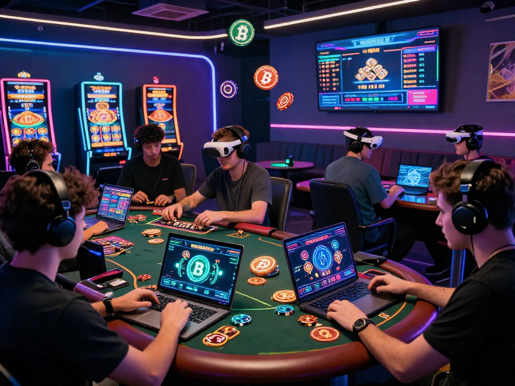 Exciting crypto casino gaming scene with players at virtual tables and glowing cryptocurrency wallets.