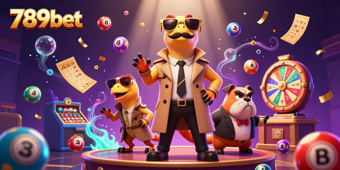 Experience the fun of 789bet with colorful casino elements and cartoon raptors in a trench coat.