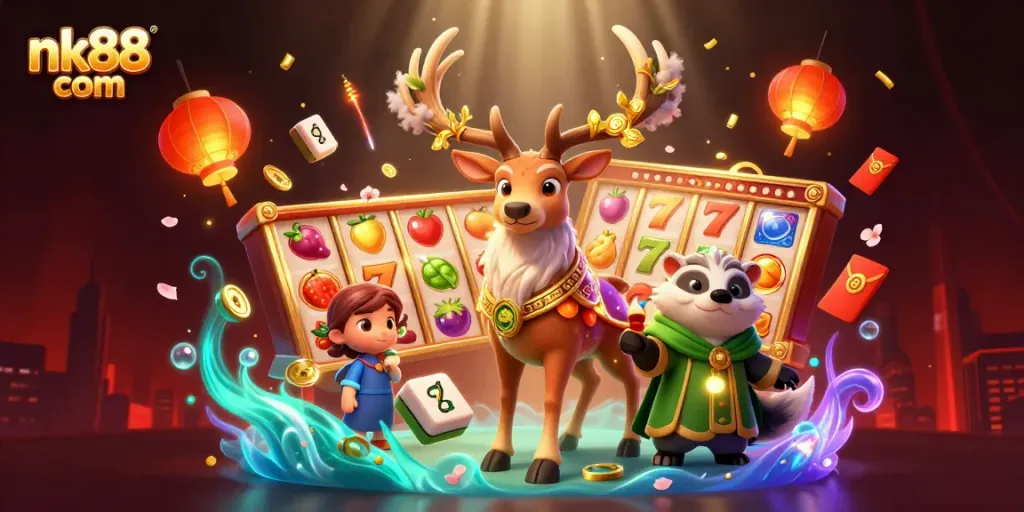 Engage with nk88 com at a vibrant casino scene filled with 3D elements showcasing slots and jackpots.