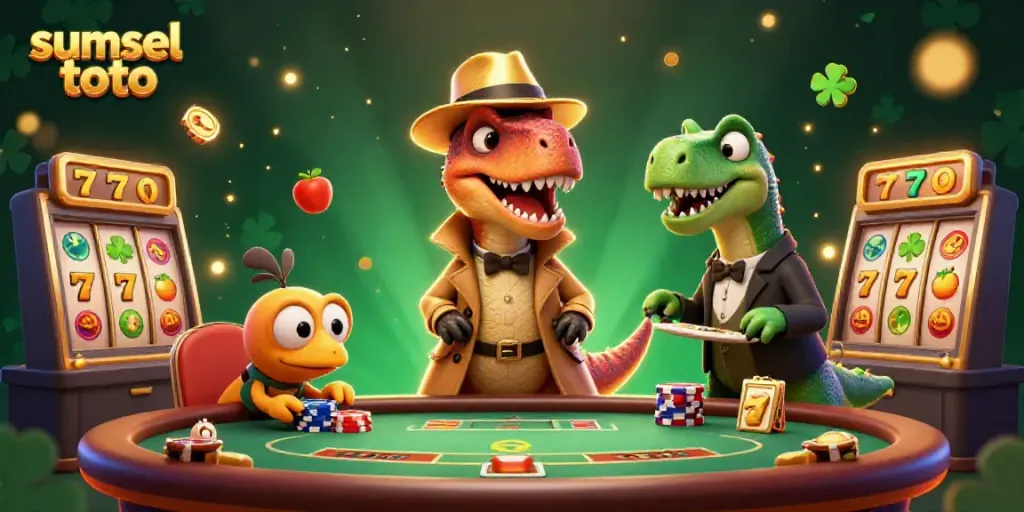 Engage with sumsel toto's thrilling environment featuring a velociraptor at a blackjack table.